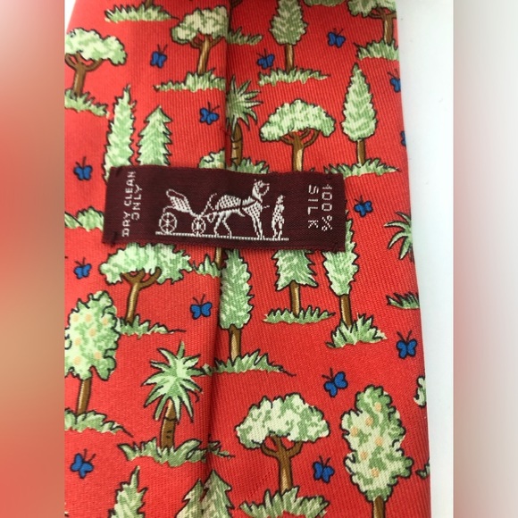 Hermes Red Tie with Green and Blue Tree Pattern W/Original Hermes box - Picture 4 of 10
